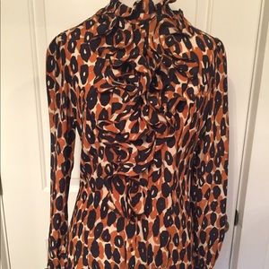 ETCETERA TOP BLOUSE BROWN BLACK SILK RUFFLE LONG SLEEVE Size 2